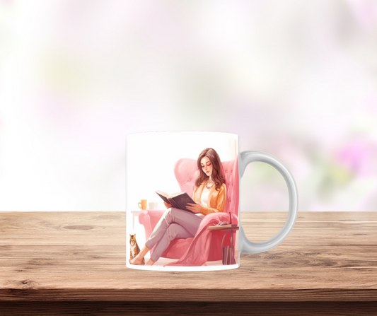 White glossy mug, peaceful reading, colorful book lover art
