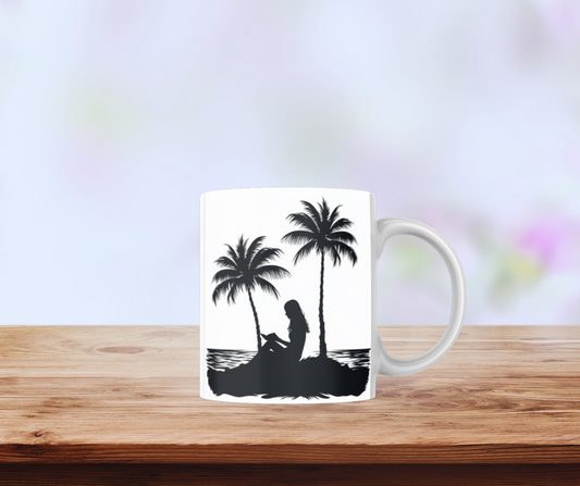 White glossy mug, Reading on the Beach, black & white art